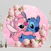 Romantic Cartoon Blue Pink Stitch Round Birthday Backdrop For Boys Girls